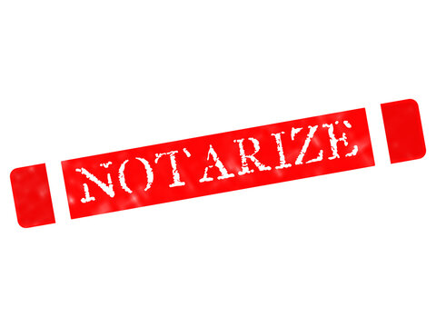 A rectangular red stamp with the word notarize written in white distressed letters, isolated on a black background, for legal document services isolated on a transparent background