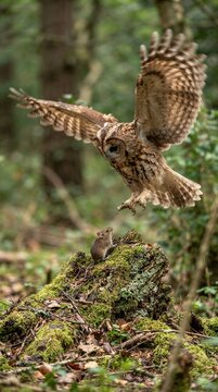 Brown owl swoops down low, wings wide open. Mouse stands frozen on mossy log, unaware of danger. Forest floor thick with green, blurred background. Wildlife moment captured, intense and natural