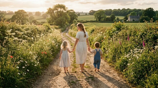 Mother and children walking on sunny rural path through green fields.