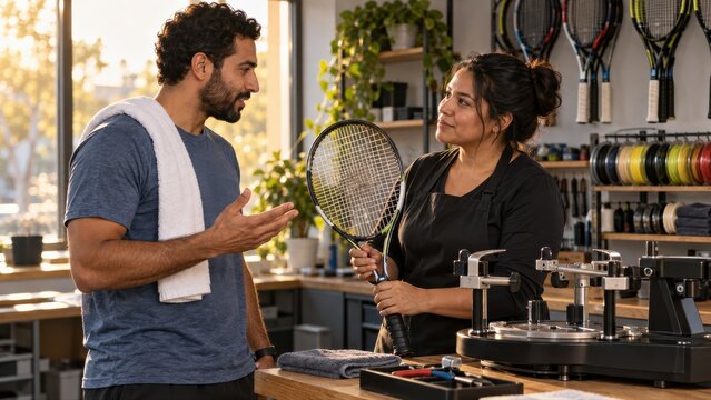 Tennis player describes a preferred string feel while the stringer listens with the racket held upright beside an idle machine during a personal restringing consultation at the service bench