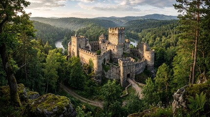 Obraz premium Ancient Stone Fortress Forest Landscape