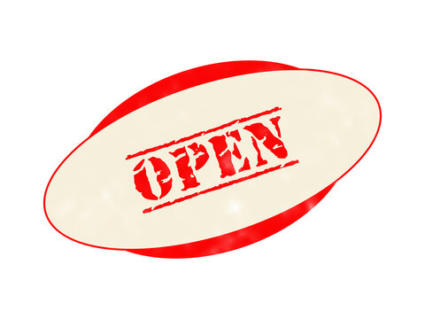 A red and cream oval stamp with the word open written in a distressed font, isolated on a black background, for business signage usage isolated on a transparent background