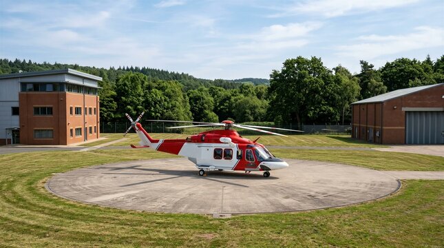 Red and white helicopter rests on circular landing pad. Surrounding grass and trees frame the scene. Modern buildings stand nearby under clear sky. , offering calm, professional atmosphere