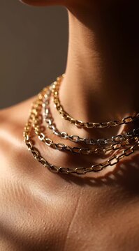 Close up of elegant woman wearing layered gold chain necklaces in warm sunlight.