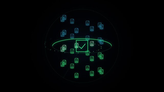 Digital data validation hud interface with glowing checkmark and network connectivity animation verification