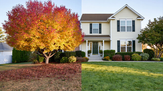 Before and after lawn transformation at a suburban home with seasonal landscaping