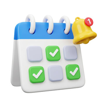 3d render of a desk calendar with checkmarks and a notification bell icon. isolated on transparent background, png