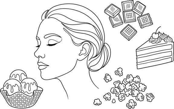 Beautiful Woman Profile Line Art Vector Concept Surrounded by Sweet Cravings Icons Including Ice Cream Chocolate Cake Slice and Popcorn Snacks
