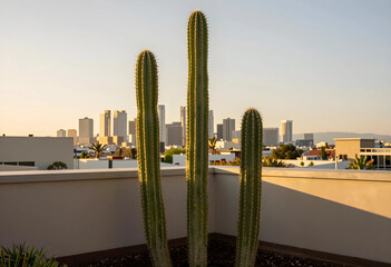 Obraz premium Urban living and desert lifestyle, tall cactus plants on a rooftop terrace overlooking a modern city skyline during golden hour sunset in summer