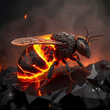Fantasy lava bee with glowing molten magma body and charred volcanic rock texture. Mythical fire insect creature standing on dark obsidian stones. Surreal burning hornet with orange embers and