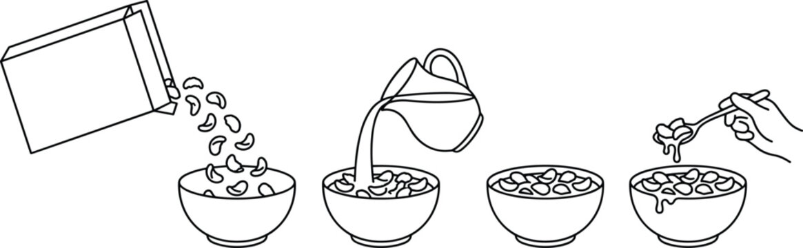 Step by Step Breakfast Cereal Vector Illustration Showing Pouring Flakes from Box Adding Milk from Jug and Eating with Spoon From Bowl