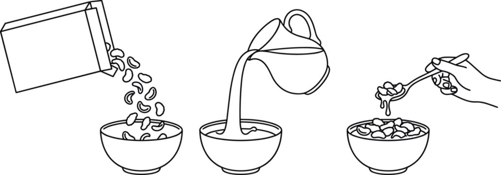 Three Step Breakfast Cereal Line Art Vector Illustration Showing Flakes Pouring From Box Adding Fresh Milk and Eating With Spoon From Bowl