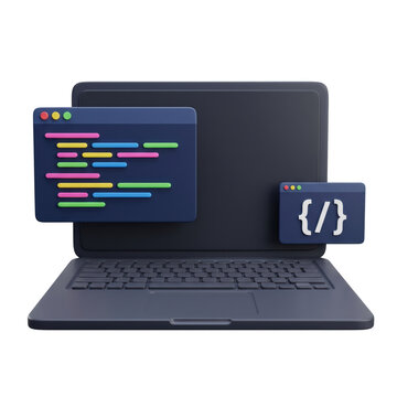 3d laptop computer with software development code editor windows for programming and web design. isolated on transparent background, png