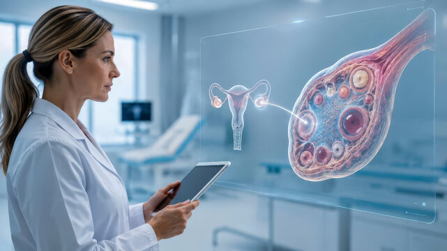 Woman doctor studies ovary follicles and uterus on screen for reproductive health diagnosis and fertility treatment care