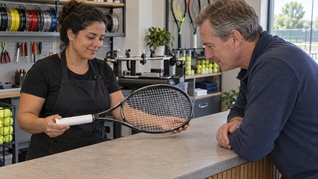Brazilian stringer presents a completed tennis racket above the counter while a customer examines its woven grid during a pickup consultation after restringing