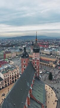 Aerial View of Krakow Main Market Square with St. Mary's Basilica & Tower