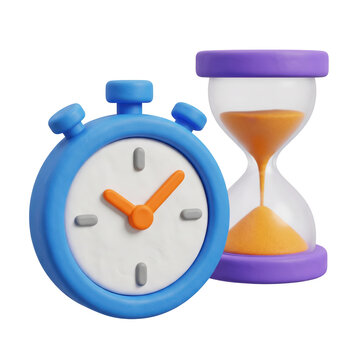 3d render of blue stopwatch and purple hourglass representing time management and deadline. isolated on transparent background, png