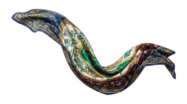 Silk Scarf Flowing with Intricate Pattern Isolated on White Background