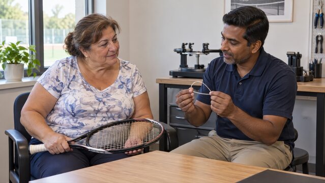 Italian player discusses a loose string sample with a seated specialist while holding a worn tennis racket across her lap before choosing a restringing service at a shop desk