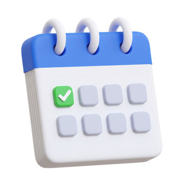 3d render of a blue spiral desk calendar icon with a green checkmark for scheduling tasks. isolated on transparent background, png