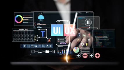 Obraz premium Futuristic UI UX Design Concept with Touchscreen Interface Elements and Various Digital Tools for Web and App Development in Dark Environment Fluxor.