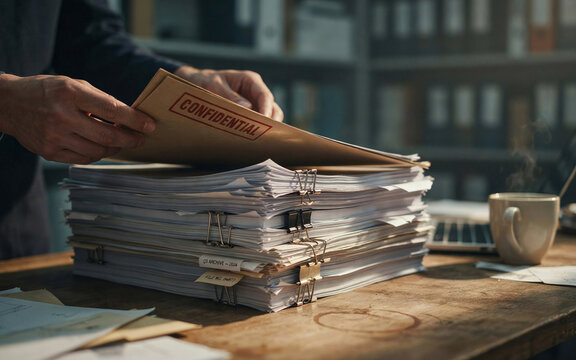 Person reviewing a stack of confidential documents in an office setting