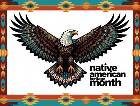 Stylized eagle with tribal patterns celebrates Native American Heritage Month. Geometric bird illustration features traditional ethnic ornaments on white background. Colorful poster with indigenous
