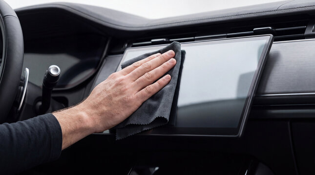 Hand wiping a car infotainment touchscreen with a microfiber cloth inside the cabin, highlighting technology care and clean interiors.