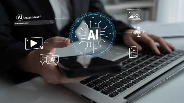Modern technology concept showcasing digital AI assistant integration in daily life, featuring person interacting with smartphone and laptop in a professional environment. Glyphic.