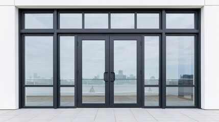 Fototapeta premium Modern commercial building entrance with double glass doors framed in black metal, reflecting city skyline through transparent panels