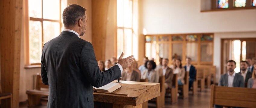 male pastor giving a religious speech to the congregation in a church