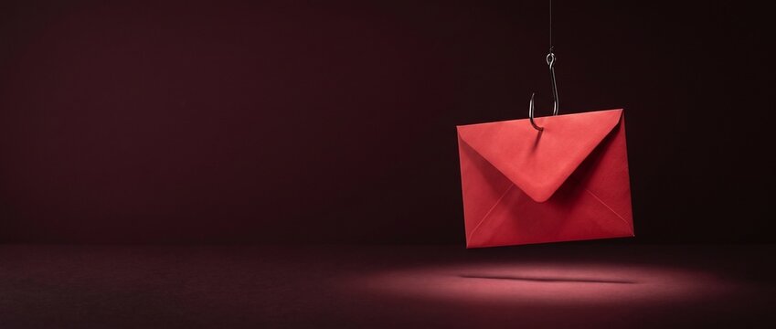 Phishing Email Trap Concept with Red Envelope Caught on Fishing Hook.