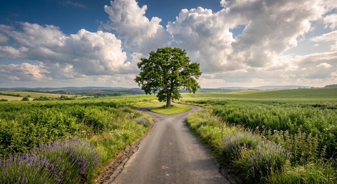 Narrow two-lane country road extending toward the horizon and splitting around a single mature green tree standing directly in the center, enormous fields of green shrubbery. Decision making concept.