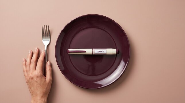 Medical weight loss concept. Hand with a fork near an empty plate with a GLP-1 semaglutide injection pen for obesity treatment