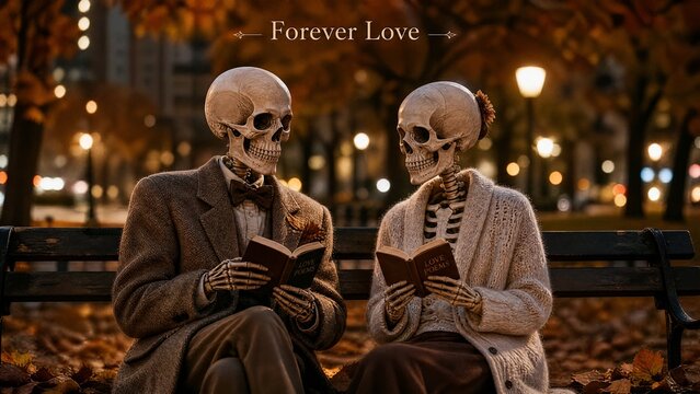 Warm cinematic of two dressed skeletons sitting on park bench surrounded by autumn leaves at dusk reading poems titled Love Poems with Forever Love text