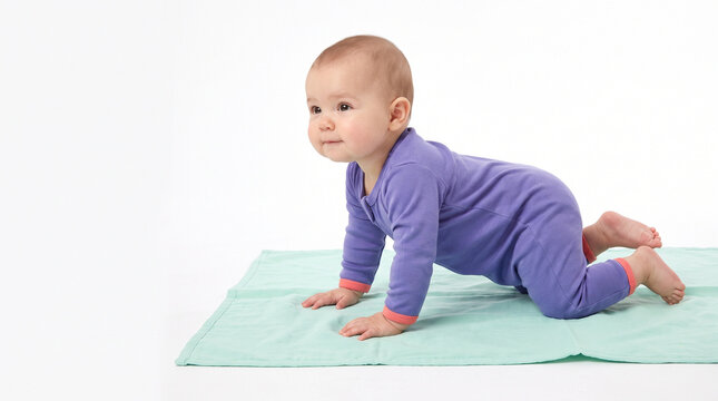 Baby crawling on a play mat in a bright and simple environment  