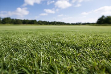 Fototapeta premium The Lush Green Grass Field Stretching Under a Bright Blue Sky
