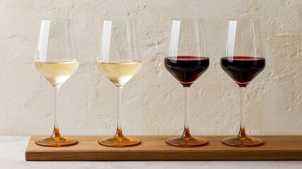 Obraz premium The Wine Flight: Four Glasses of White and Red on a Wooden Tasting Board