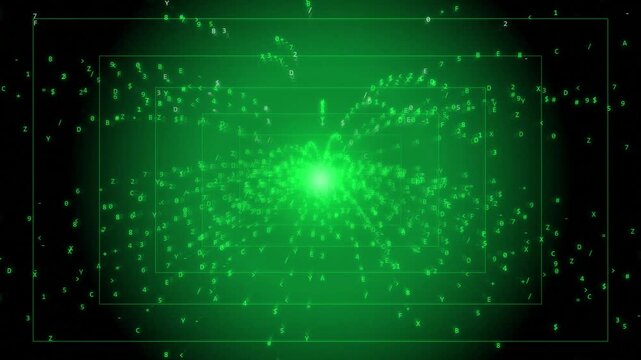 Digital green matrix data stream, abstract binary code particles flowing in cyberspace, futuristic technology background with glowing numbers