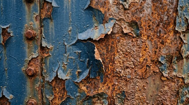 Peeling blue paint reveals rusted metal beneath. Rust spreads across weathered surface in bold textures. Dents, bolts, and decay hint at abandonment and time. Industrial decay evokes grit, neglect