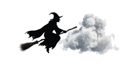 Fototapeta premium Wicked witch flying through the night sky on her magical wooden broomstick beside a large fluffy white isolated cumulus cloud