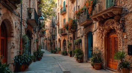Fototapeta premium Narrow historic street lined with ornate carved stone facades, balconies, flower boxes, potted plants, and warm architectural details in a European old town setting