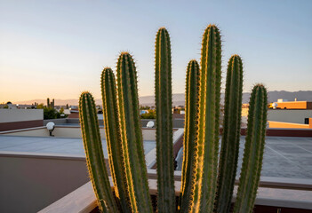 Obraz premium Desert living and sustainable architecture, tall green cactus on a rooftop terrace at sunset with mountain views in a warm arid climate residential area