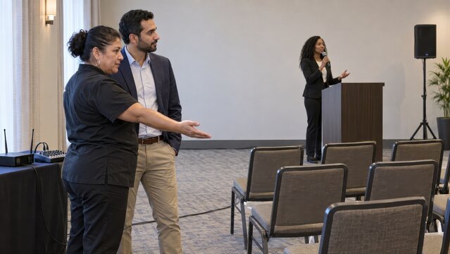 Conference audio technician indicates a seating position to an event planner while a presenter rehearses with a handheld microphone during a collaborative listening check