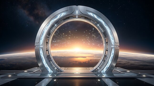 Futuristic stargate portal with view of earth and distant galaxies science fiction concept