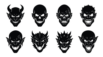Fototapeta premium Scary monster faces showing various evil expressions and demonic features in clean black and white silhouette graphic illustration design style