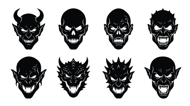 Scary monster faces showing various evil expressions and demonic features in clean black and white silhouette graphic illustration design style