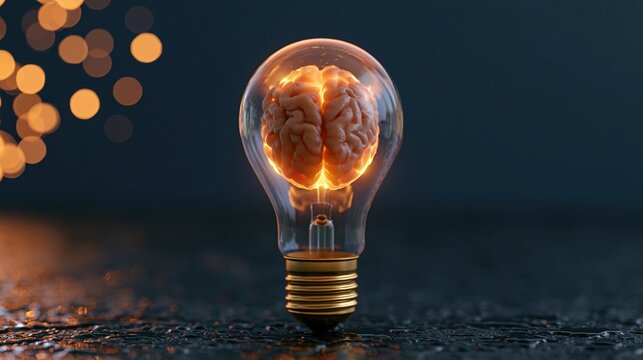Glowing lightbulb containing a brain on a dark wet surface with bokeh lights in the background