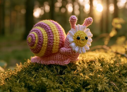 A crocheted snail crawls across soft moss. Its striped shell and daisy face stand out in a sunlit forest close-up. Handmade craft, playful nature, and whimsical storybook concept.