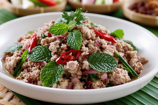 The Spiced Ground Meat Salad with Mint, Chilies, and Fresh Herbs